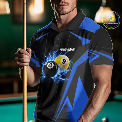 Male billiard player wearing Custom 8 Ball & 9 Ball thunder billiard jersey, blue pool team shirt, professional billiards apparel