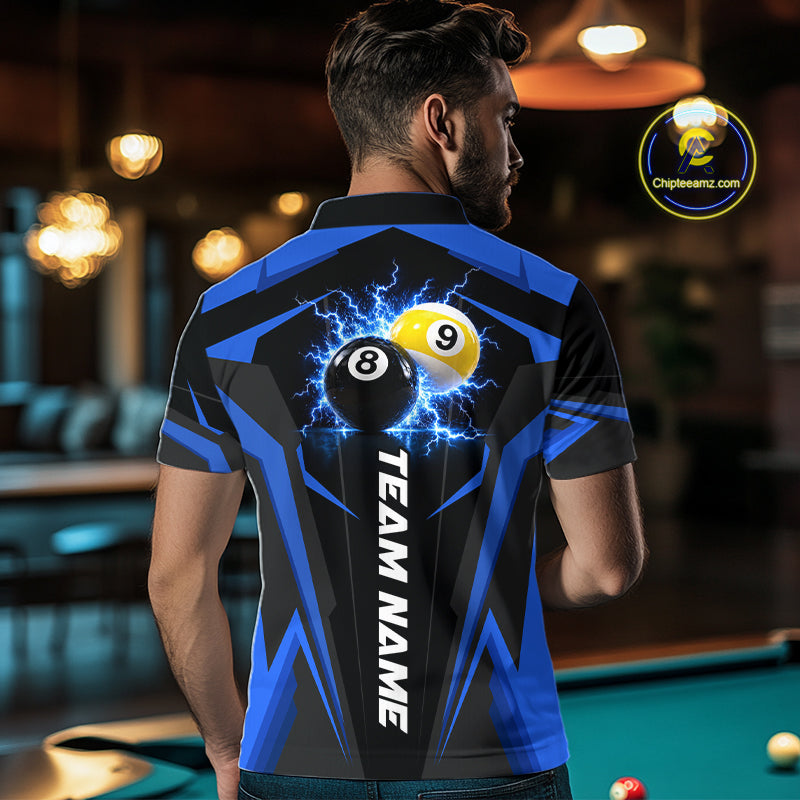Male billiard player wearing Custom 8 Ball & 9 Ball thunder billiard jersey, blue pool team shirt, professional billiards apparel