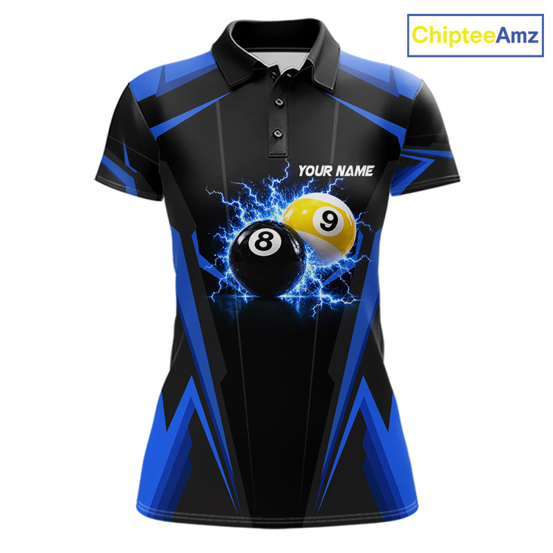 Custom 8 Ball & 9 Ball women billiard polo shirt, personalized thunder billiard team jersey, blue pool league shirt, custom pool player apparel, professional billiard uniform
