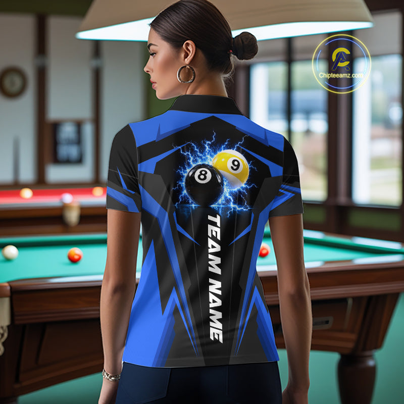 Male billiard player wearing Custom 8 Ball & 9 Ball thunder billiard jersey, blue pool team shirt, professional billiards apparel