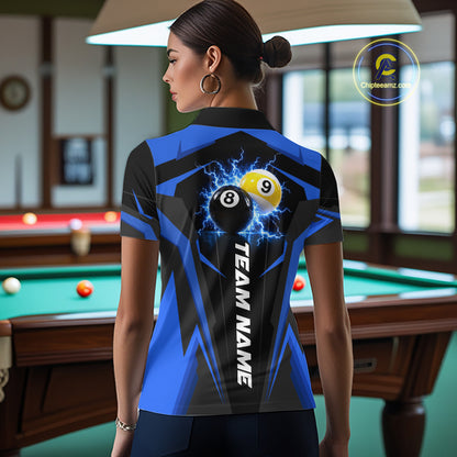 Male billiard player wearing Custom 8 Ball & 9 Ball thunder billiard jersey, blue pool team shirt, professional billiards apparel