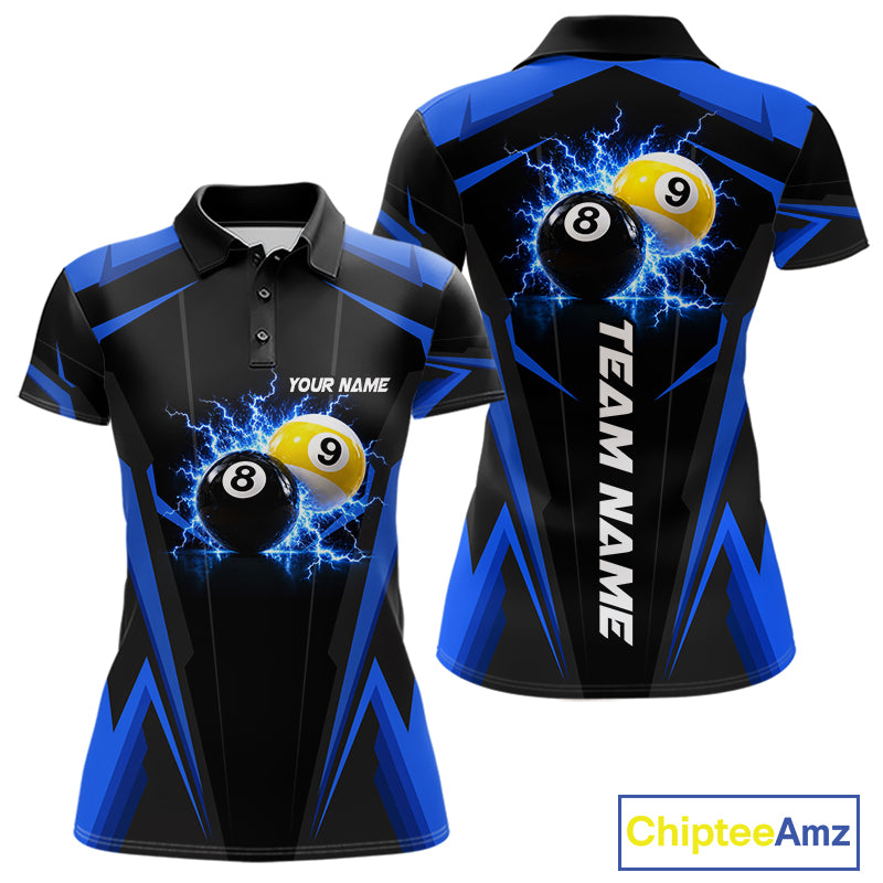 Custom 8 Ball & 9 Ball women billiard polo shirt, personalized thunder billiard team jersey, blue pool league shirt, custom pool player apparel, professional billiard uniform