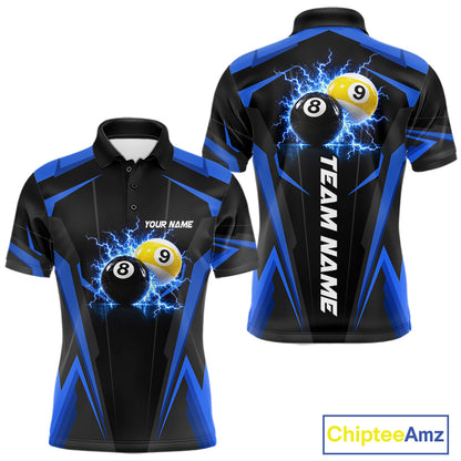 Custom 8 Ball & 9 Ball men's billiard polo shirt, personalized thunder billiard team jersey, blue pool league shirt, custom pool player apparel, professional billiard uniform