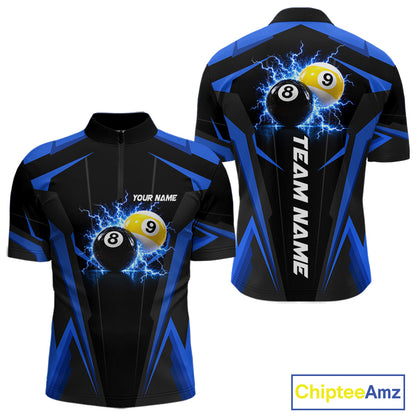 Custom 8 Ball & 9 Ball men's billiard quarter zip shirt, thunder pool team jersey, personalized billiards apparel, league tournament uniform