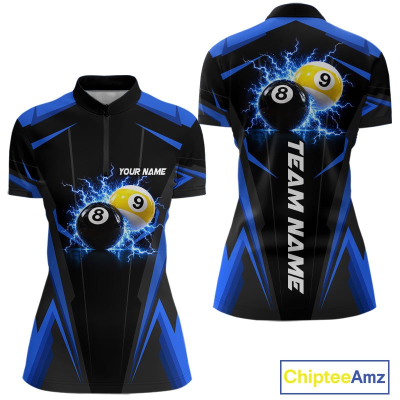 Custom 8 Ball & 9 Ball women billiard quarter zip shirt, thunder pool team jersey, personalized billiards apparel, league tournament uniform