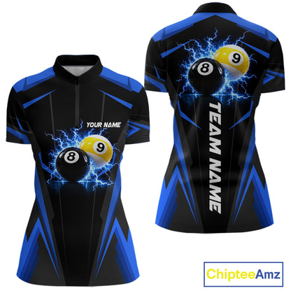Custom 8 Ball & 9 Ball women billiard quarter zip shirt, thunder pool team jersey, personalized billiards apparel, league tournament uniform