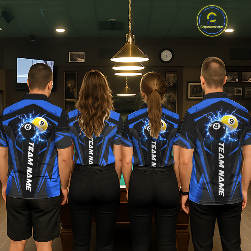 Men women billiard team wearing Custom 8 Ball & 9 Ball thunder pool jerseys, personalized billiard league uniforms, tournament team apparel