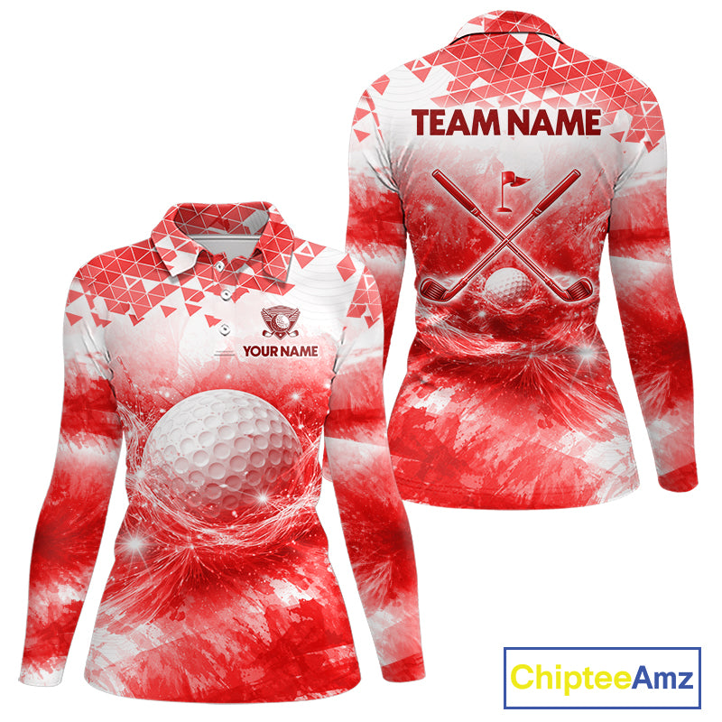 Red women's golf polo shirt with water splash golf ball design, custom golf team shirt, ladies golf apparel, tournament golf clothing