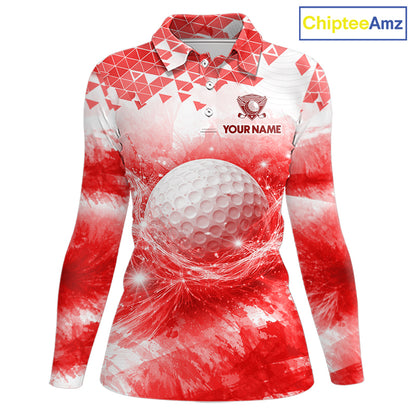Red women's golf polo shirt with water splash golf ball design, custom golf team shirt, ladies golf apparel, tournament golf clothing