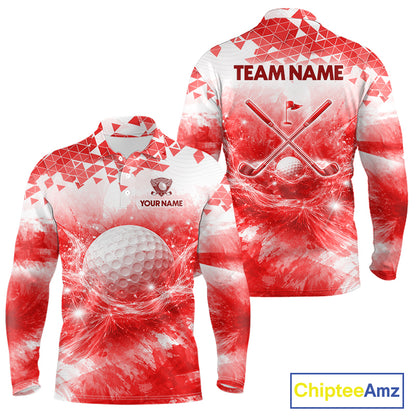 Red men's golf long sleeves polo shirt with water splash golf ball design, custom golf team shirt, men's golf apparel, tournament golf clothing