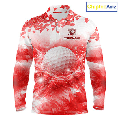Red men's golf long sleeves polo shirt with water splash golf ball design, custom golf team shirt, men's golf apparel, tournament golf clothing