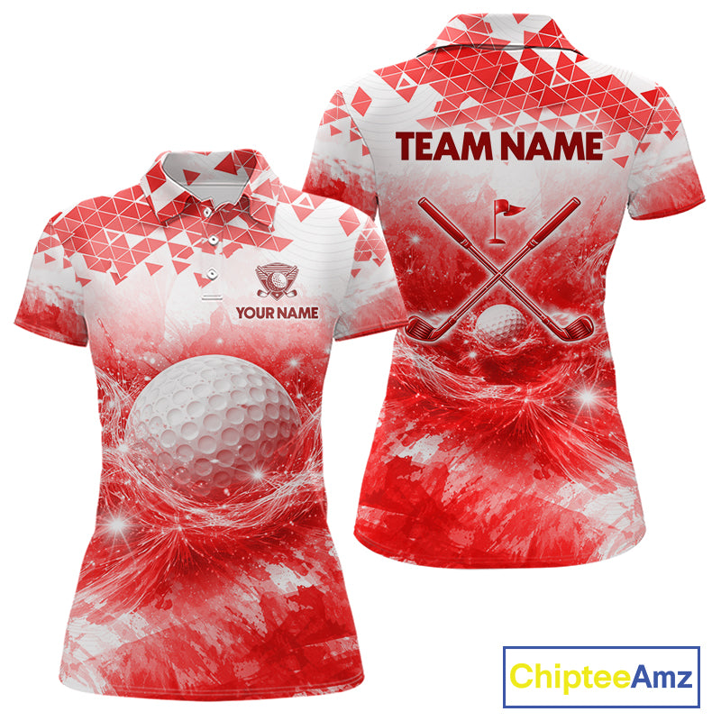 Red women's golf polo shirt with water splash golf ball design, custom golf team shirt, ladies golf apparel, tournament golf clothing