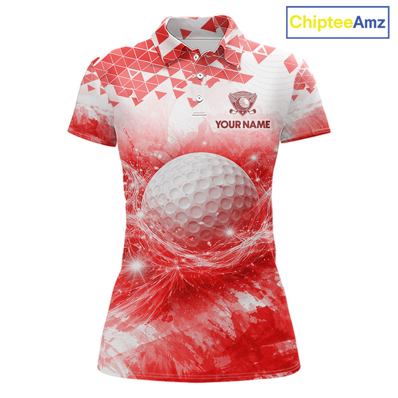 Red women's golf polo shirt with water splash golf ball design, custom golf team shirt, ladies golf apparel, tournament golf clothing