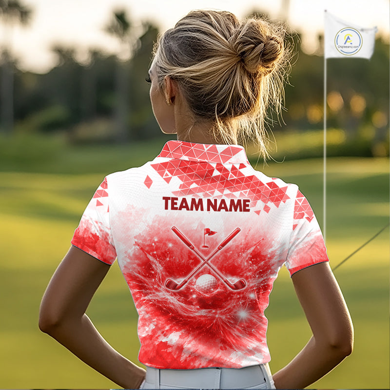 Female golfer wearing blue water splash golf polo shirt, golf ball golf apparel, women's golf outfit