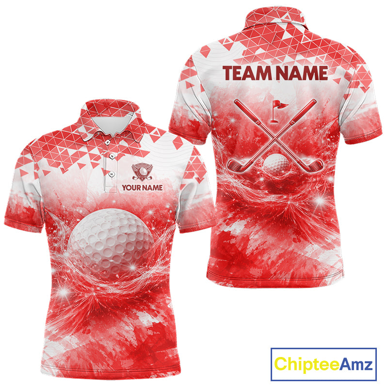 Red men's golf polo shirt with water splash golf ball design, custom golf team shirt, men's golf apparel, tournament golf clothing