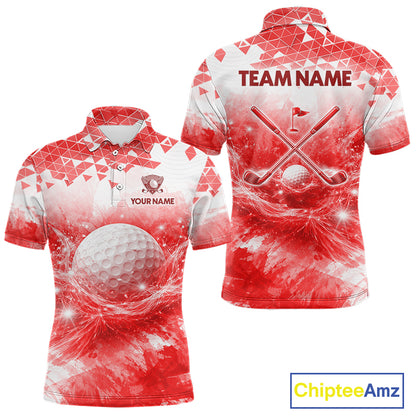Red men's golf polo shirt with water splash golf ball design, custom golf team shirt, men's golf apparel, tournament golf clothing