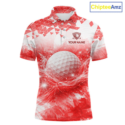 Red men's golf polo shirt with water splash golf ball design, custom golf team shirt, men's golf apparel, tournament golf clothing