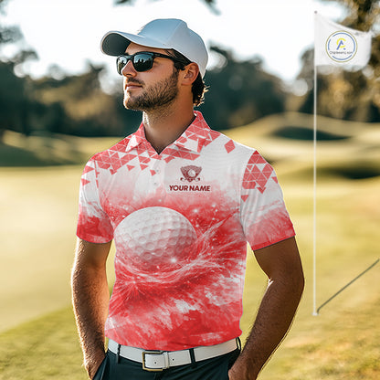 Male golfer wearing blue water splash golf polo shirt, golf ball golf apparel, men's golf outfit