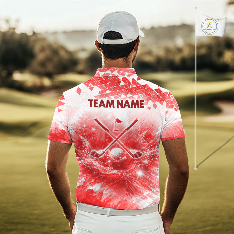 Male golfer wearing blue water splash golf polo shirt, golf ball golf apparel, men's golf outfit