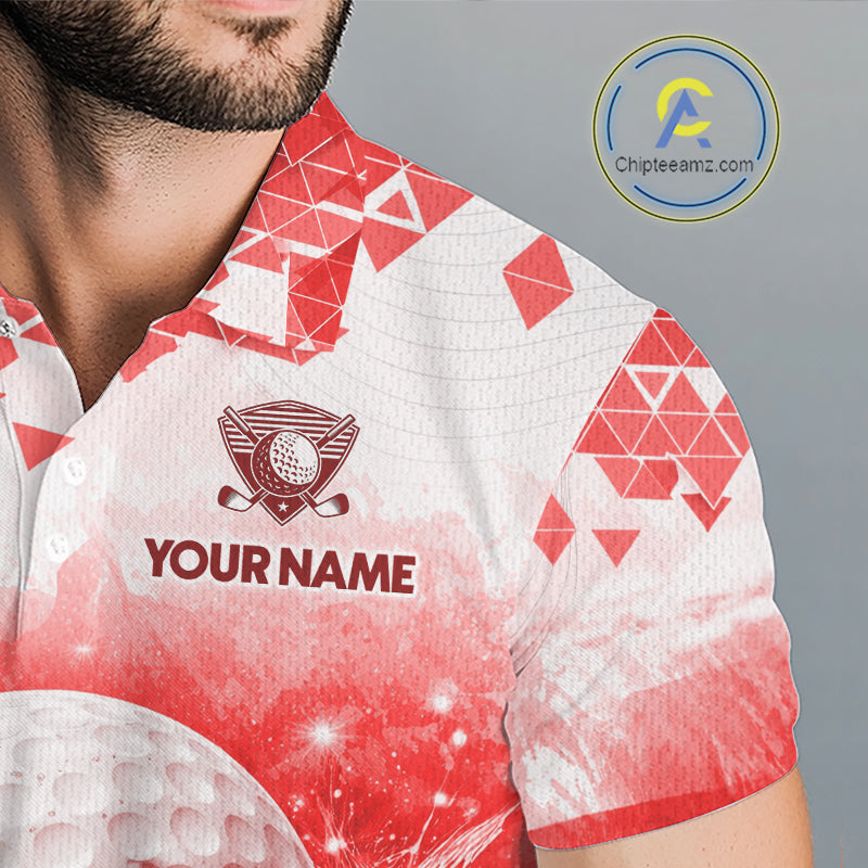Male golfer wearing blue water splash golf polo shirt, golf ball golf apparel, men's golf outfit