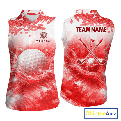 Red women's golf polo shirt with water splash golf ball design, custom golf team shirt, ladies golf apparel, tournament golf clothing