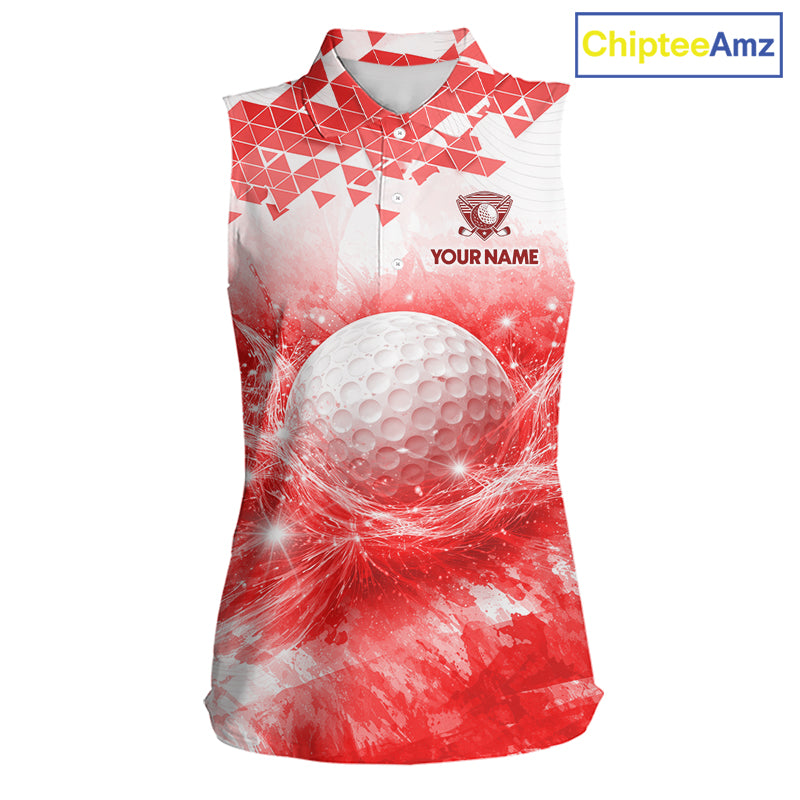 Red women's golf polo shirt with water splash golf ball design, custom golf team shirt, ladies golf apparel, tournament golf clothing