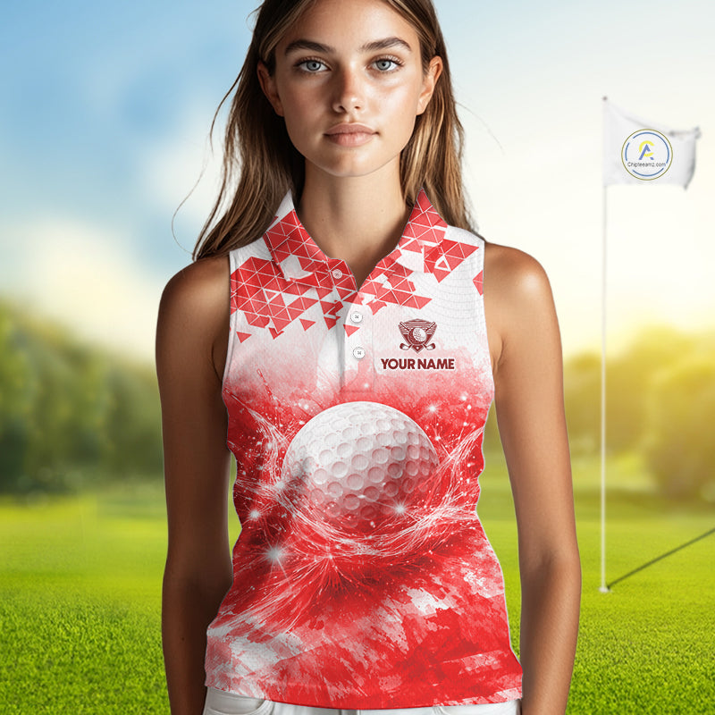 Female golfer wearing red water splash golf polo shirt, golf ball golf apparel, women's golf outfit