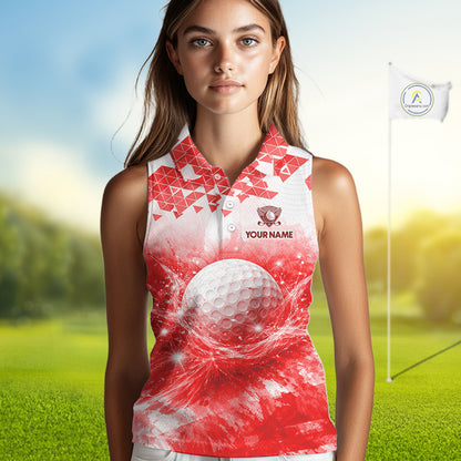 Female golfer wearing red water splash golf polo shirt, golf ball golf apparel, women's golf outfit