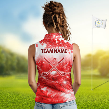 Female golfer wearing red water splash golf polo shirt, golf ball golf apparel, women's golf outfit