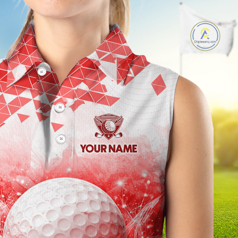 Female golfer wearing red water splash golf polo shirt, golf ball golf apparel, women's golf outfit