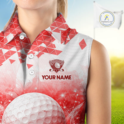 Female golfer wearing red water splash golf polo shirt, golf ball golf apparel, women's golf outfit