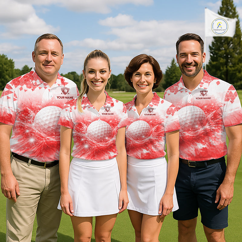 Men women golf team wearing matching blue water splash golf polo shirts, custom golf team uniforms, golf league apparel
