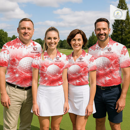 Men women golf team wearing matching blue water splash golf polo shirts, custom golf team uniforms, golf league apparel