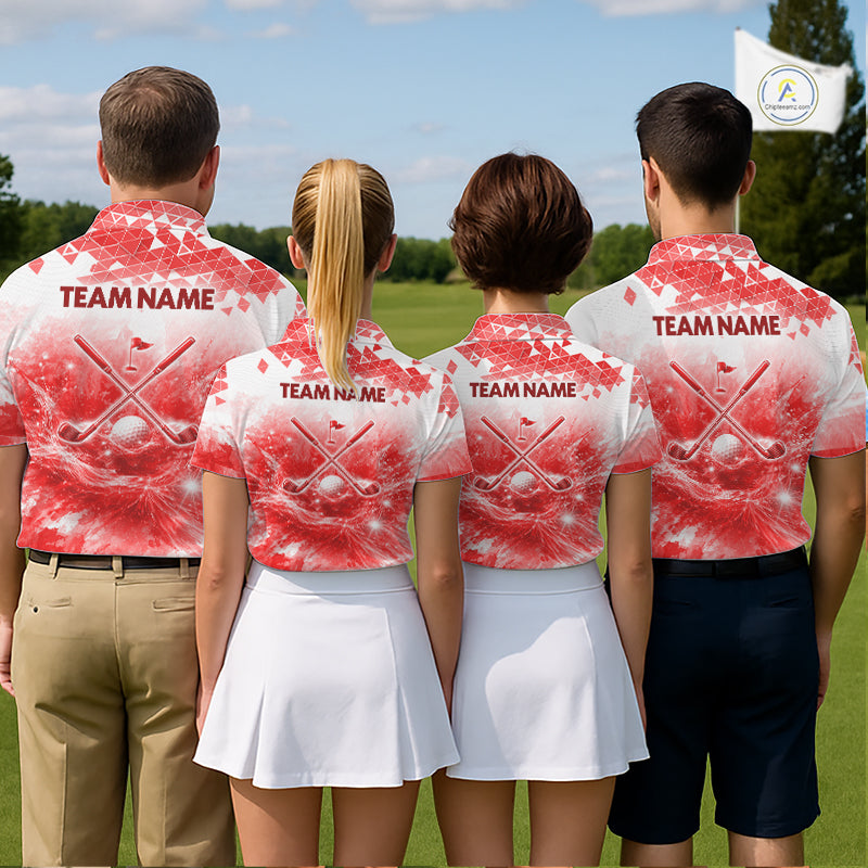 Men women golf team wearing matching blue water splash golf polo shirts, custom golf team uniforms, golf league apparel