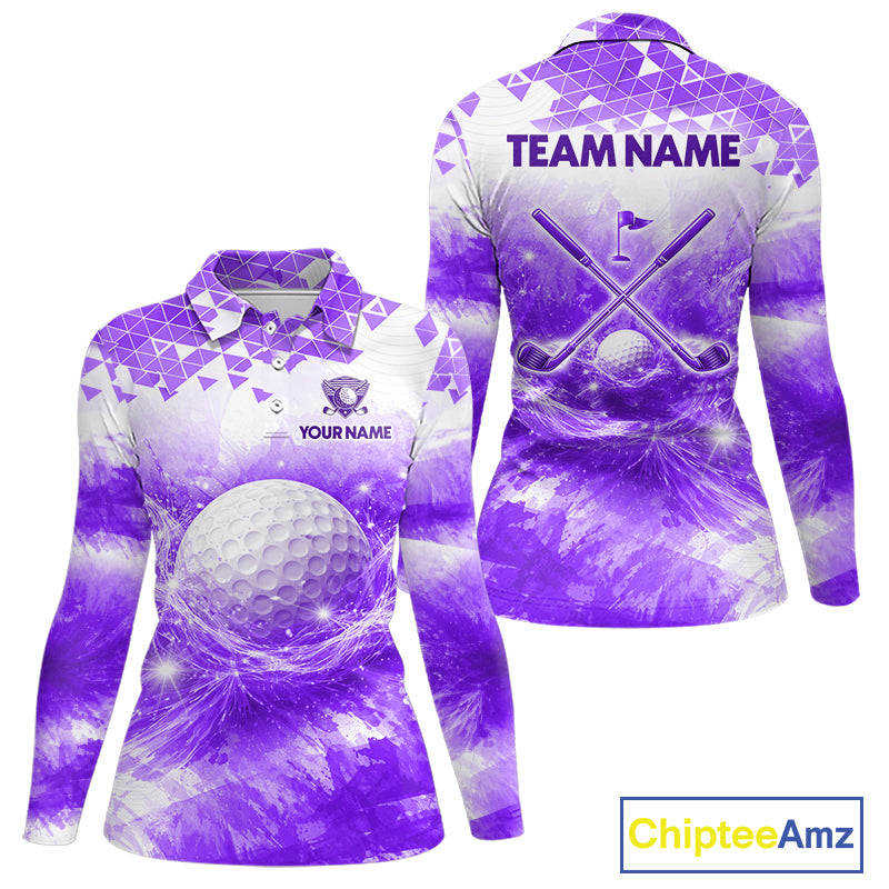 Purple women's golf polo shirt with water splash golf ball pattern, ladies golf apparel, custom golf team clothing