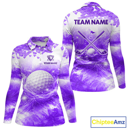 Purple women's golf polo shirt with water splash golf ball pattern, ladies golf apparel, custom golf team clothing