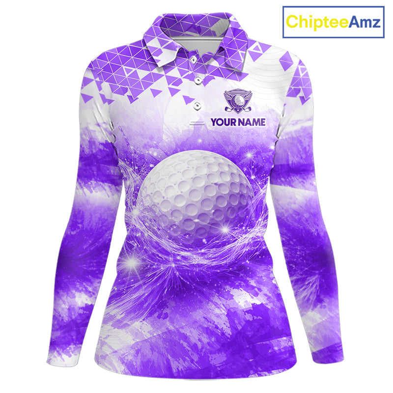 Purple women's golf polo shirt with water splash golf ball pattern, ladies golf apparel, custom golf team clothing