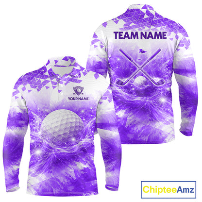 Purple men's golf long shirt polo shirt with water splash golf ball pattern, men's golf apparel, custom golf team clothing, golf league shirt