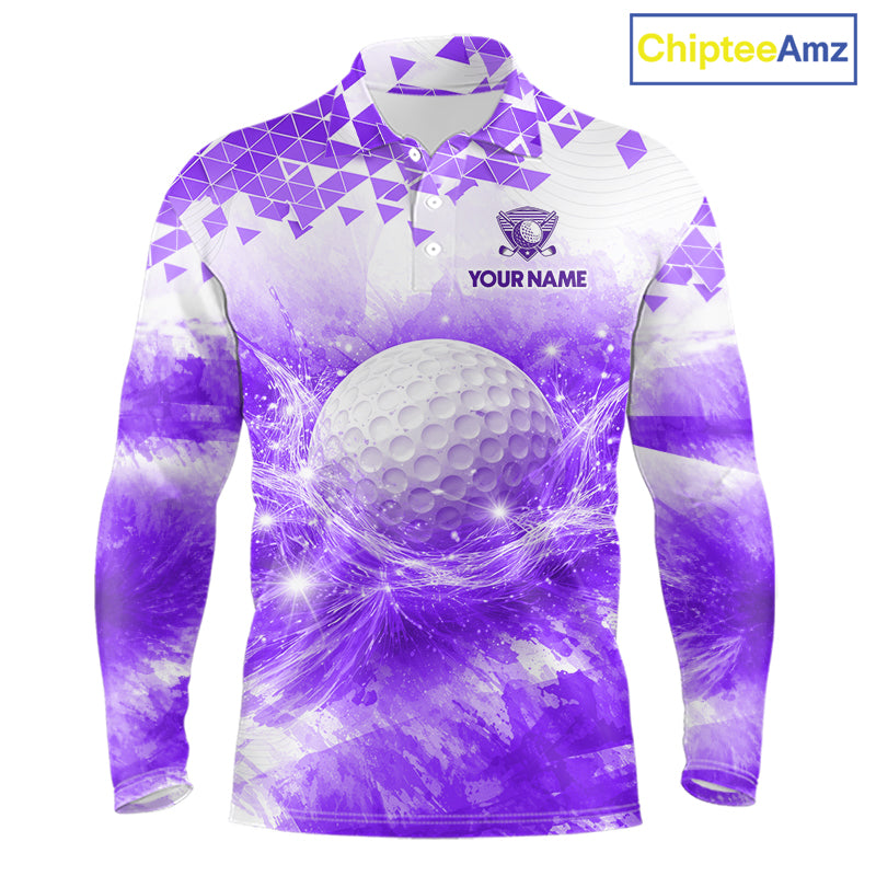 Purple men's golf long shirt polo shirt with water splash golf ball pattern, men's golf apparel, custom golf team clothing, golf league shirt