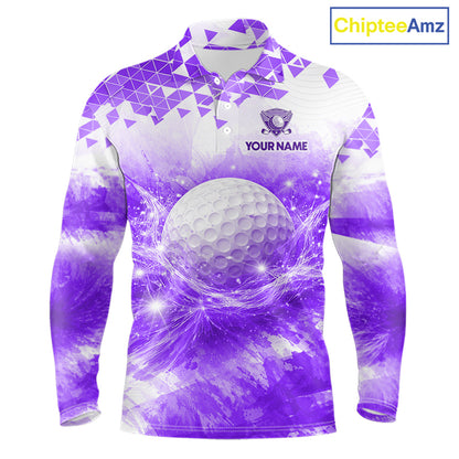 Purple men's golf long shirt polo shirt with water splash golf ball pattern, men's golf apparel, custom golf team clothing, golf league shirt