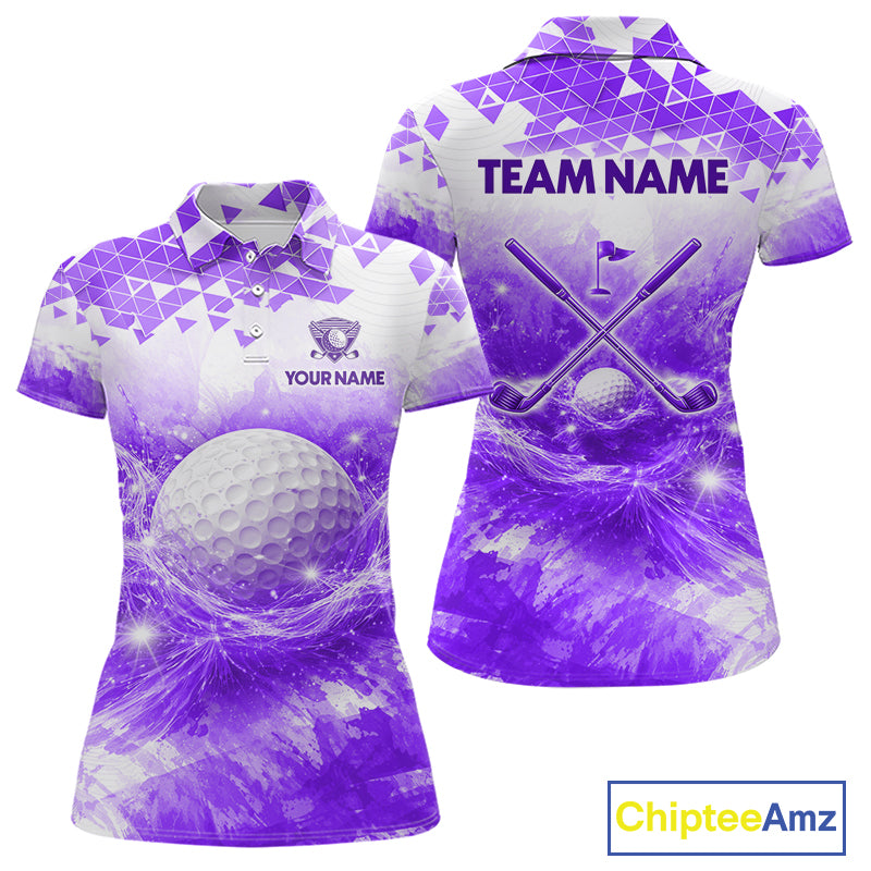Purple women's golf polo shirt with water splash golf ball pattern, ladies golf apparel, custom golf team clothing