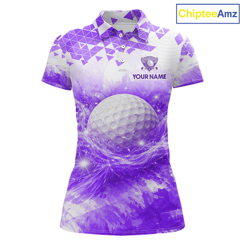 Purple women's golf polo shirt with water splash golf ball pattern, ladies golf apparel, custom golf team clothing