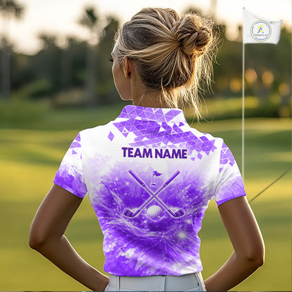 Purple Womens Golf Polo Shirt Custom Water Splash Pattern With Golf Ball, Team Golf Tops NYN3591