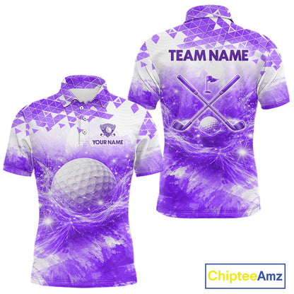 Purple men's golf polo shirt with water splash golf ball pattern, men's golf apparel, custom golf team clothing, golf league shirt