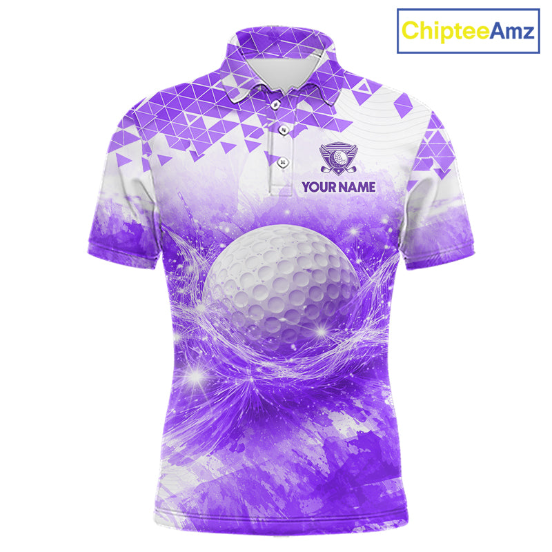 Purple men's golf polo shirt with water splash golf ball pattern, men's golf apparel, custom golf team clothing, golf league shirt
