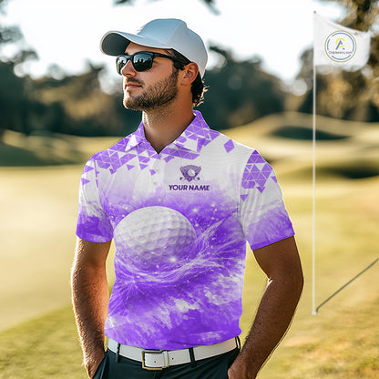 Male golfer wearing purple water splash golf polo shirt, men's golf clothing, custom golf apparel