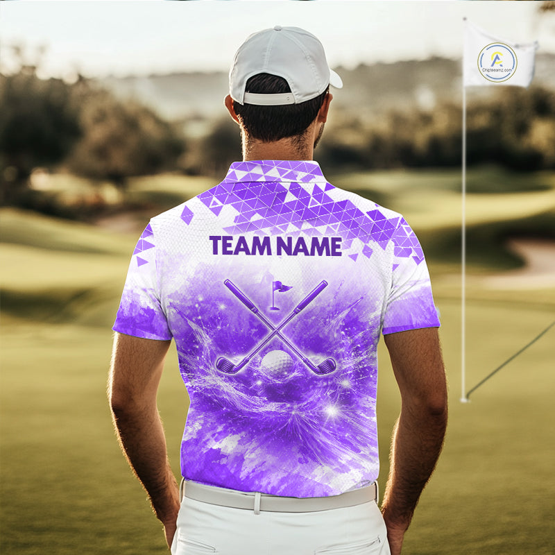 Male golfer wearing purple water splash golf polo shirt, men's golf clothing, custom golf apparel