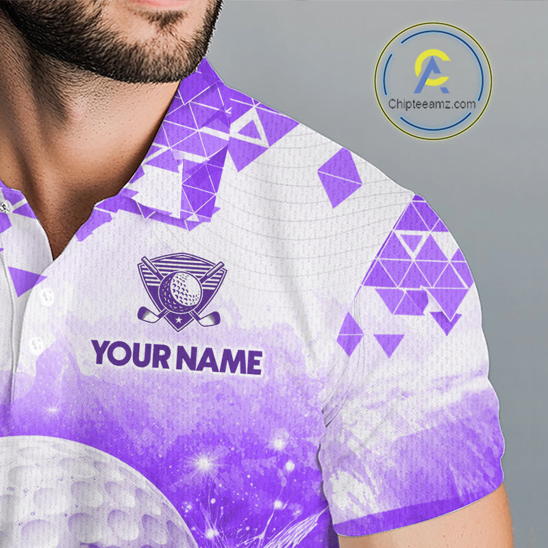Male golfer wearing purple water splash golf polo shirt, men's golf clothing, custom golf apparel