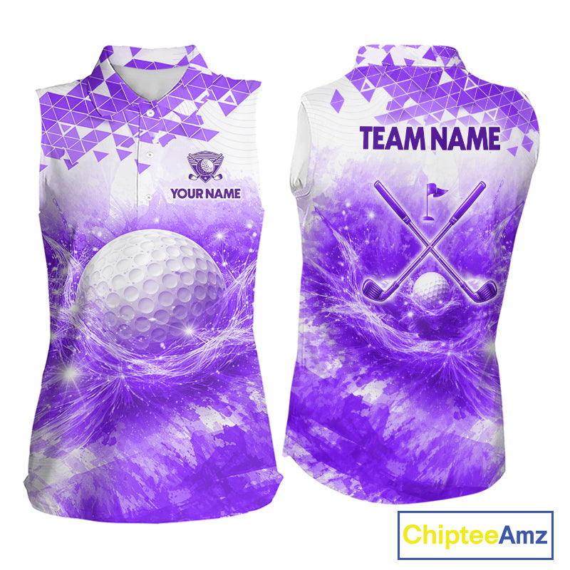 Purple women's golf polo shirt with water splash golf ball pattern, ladies golf apparel, custom golf team clothing
