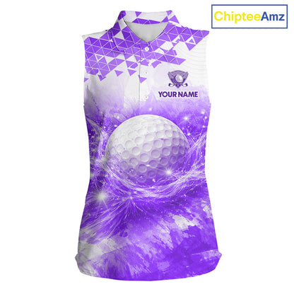 Purple women's golf polo shirt with water splash golf ball pattern, ladies golf apparel, custom golf team clothing